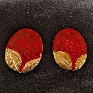 Vintage 1980's Clip Earrings with Red Sparkle and Gold Leaf Pattern